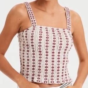 American Eagle | Smocked Square Neck Tank Top - Floral Red & Ivory